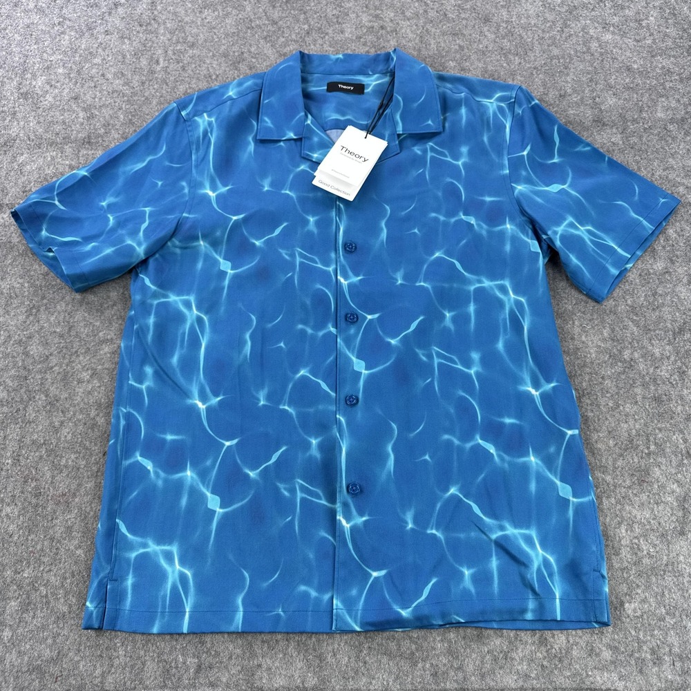 Theory Shirt Mens Medium Blue Irving Water Ripple Print Camp Collar Lyocell
